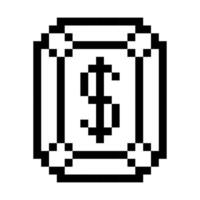 The dollar sign in the diamond is pixelated. Pixel art black contour dollar coins retro video game. The small squares are drawn in a pattern. Isolated image vector