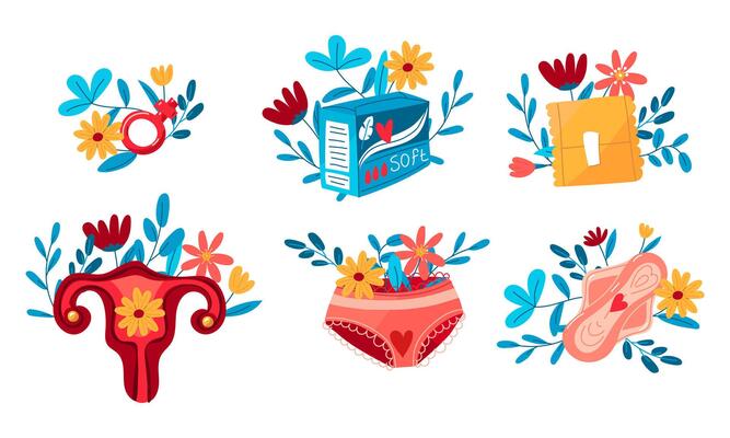 Set of menstruation pads, gender sign, underpants with flowers. The concept of a woman's regular menstrual cycle. Menstrual period, menstruation, premenstrual syndrome, vector illustration of ovaries