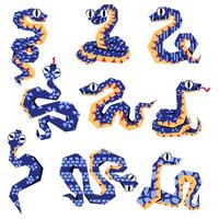 Set of snakes 2025 in blue and geometrically crawling from above. Isolated sinuous snakes in different poses. Vector illustration in a flat style. Animal of the year 2025 with different textures