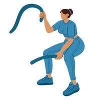 The girl is full of sports with a rope. The girl is engaged in sports. Dynamic exercises. She does fitness in a tight-fitting blue tracksuit. Sports with exercise equipment. Women's training vector