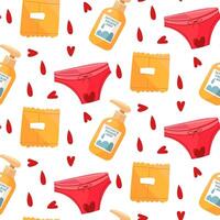 Menstruation pattern women's underpants, pads, hygienic soap. The theme of menstruation, the concept of a woman's regular menstrual cycle. The menstrual period. Women's pink underwear with hearts vector