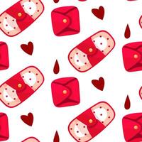 Pattern is eco-friendly fabric padding. Seamless pattern with absorbent reusable pads as a concept of green menstruation and zero waste. Flat vector stock illustration pink fabric with hearts, drops