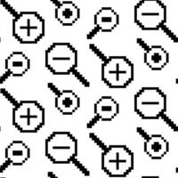 Magnifying glass icon pattern with plus and minus signs in pixels vector illustration in flat style, highlighted on a white background. Symbol of the search or zoom tool is the magnifying glass icon