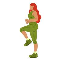 The girl is full of aerobics sports. The girl is engaged in sports. Dynamic exercises. She does fitness in a tight-fitting green tracksuit. Sports with exercise equipment. Women's training vector