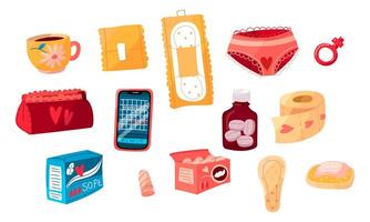 A set of menstruation pads, underpants, a phone, a box of pads, soap, pills, a box of tampons and others. The concept of a woman's regular menstrual cycle. Vector illustration of isolated objects