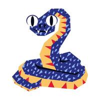 Snakes 2025 is blue and geometric sitting looking at the texture. The isolated sinuous snake is large. Flat style modern vector illustration. The animal of 2025 with big eyes on a white background