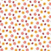The pattern of spring chamomile flowers. Colored daisies on a white background. Orange, yellow, pink flower with petals. Seamless texture for printing on textiles and paper. Holiday vector