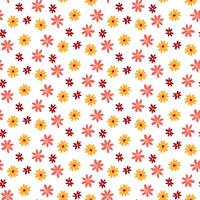 The pattern of spring chamomile flowers. Colored daisies on a white background. Orange, yellow, pink flower with petals. Seamless texture for printing on textiles and paper. Holiday vector