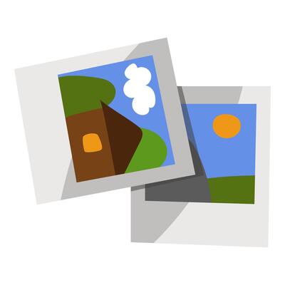 Small photos with a white frame from vacation. Cute landscapes in a photo frame taken during a vacation. Summer time, travel. Vector illustration of two isolated elements