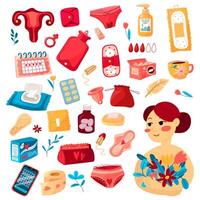 Set of items for menstruation pads, panties, phone, a box of pads, soap, pills, a box of tampons and others. Concept of a woman's regular menstrual cycle. Vector illustration of a girl with flowers