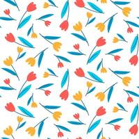 The pattern of spring flowers is colored tulips. Colored daisies on a white background. A cute flower with leaves. Seamless texture for printing on textiles and paper. Holiday. Cute gentle vector