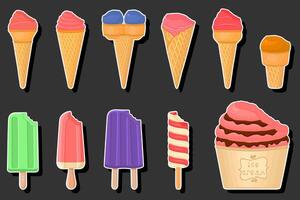 Illustration on theme big kit ice cream popsicle different types in cone waffle cup vector