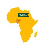 Nigeria on an Africa s map with word Nigeria on a flag-shaped marker. Vector isolated on white background.