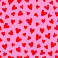 Hand drawn heart seamless irregular vector pattern. Many red hearts on a pink background.