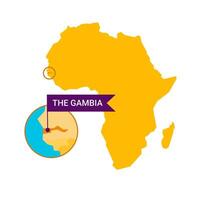 The Gambia on an Africa s map with word The Gambia on a flag-shaped marker. Vector isolated on white background.