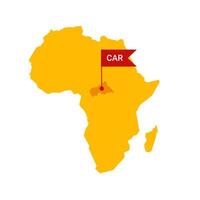 Central African Republic on an Africa s map with word CAR on a flag-shaped marker. Vector isolated on white background.