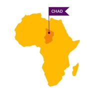 Chad en un África s mapa con palabra Chad en un en forma de bandera marcador. vector aislado en blanco antecedentes.