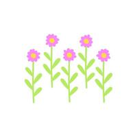 Group of abstract pink flowers on leafy stems. Flower row or garden bed. Flat vector illustration isolated on white background.