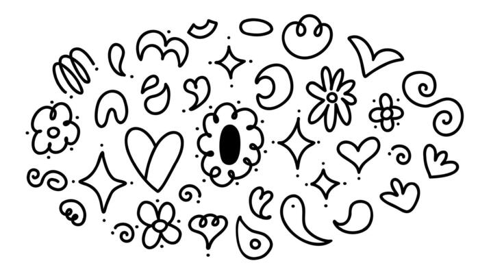 Set of ethnic doodles. Simple black line vector drawings isolated on white background. Flowers paisley stars heart decorative elements.