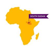 South Sudan on an Africa s map with word South Sudan on a flag-shaped marker. Vector isolated on white background.