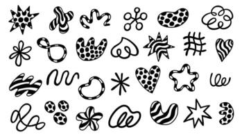 Abstract black and white shapes set. Vector illustration with wavy and spiral elements.