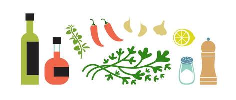 Fresco chimichurri ingredientes. hierba salsa haciendo. horizontal plano vector ilustración aislado en blanco antecedentes.