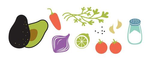 Fresco crudo ingredientes para guacamole. horizontal vector ilustración aislado en blanco antecedentes.