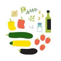 Fresh ratatouille ingredients. Square flat vector illustration isolated on white background.