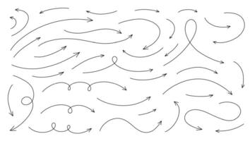 Hand drawn thin line arrows set. Vector curvy and wavy arrows isolated on white.