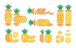 Sliced pineapples collection. Pineapples cut different ways. Flat vector isolated.