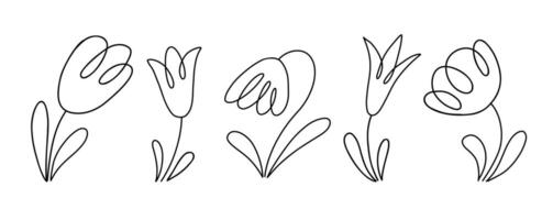 Tulip flowers collection. Doodle style vector black line illustration isolated on white background.Tulips in a row. Freehand simple sketch thin line set.