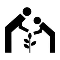 Adult and child planting small tree together. Vector icon.