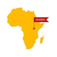 Uganda on an Africa s map with word Uganda on a flag-shaped marker. Vector isolated on white background.