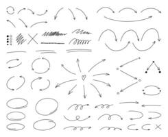 Hand drawn thin line arrows and highlight design elements. Vector line doodles isolated on white background.