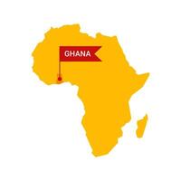 Ghana on an Africa s map with word Ghana on a flag-shaped marker. Vector isolated on white background.