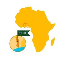 Togo on an Africa s map with word Togo on a flag-shaped marker. Vector isolated on white background.