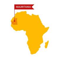 Mauritania en un África s mapa con palabra Mauritania en un en forma de bandera marcador. vector aislado en blanco antecedentes.