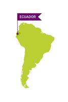 Ecuador on an South America s map with word Ecuador on a flag-shaped marker. Vector isolated on white background.