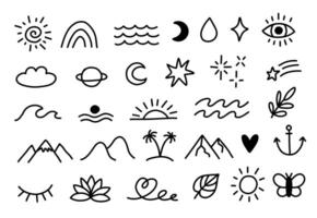 Collection of line drawings with sun, sea, wave, palms and spiritual symbols. Cute and simple doodles. vector