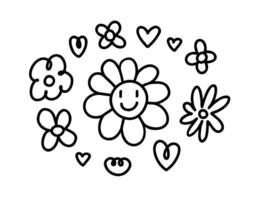 Hand drawn flowers set. Vector rough line illustration isolated on white background. Happy face flower. Cute flower doodles. Childish drawing.