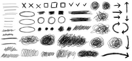 Scribble design elements set. Hand drawn black vector underlines and shapes collection isolated on white background. Pen bold rough edged doodles. Arrows and frames.