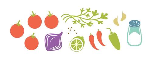 Fresco crudo ingredientes para salsa o pico Delaware gallo. horizontal vector ilustración aislado en blanco.