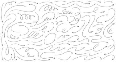 Hand drawn thin line arrows set. Many vector curvy, wavy spiral arrows isolated on white background.