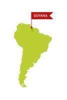 Guyana on an South America s map with word Guyana on a flag-shaped marker. Vector isolated on white background.