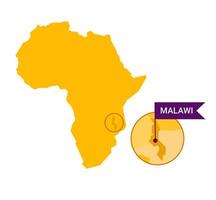 Malawi on an Africa s map with word Malawi on a flag-shaped marker. Vector isolated on white background.