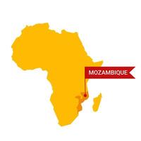 Mozambique en un África s mapa con palabra Mozambique en un en forma de bandera marcador. vector aislado en blanco antecedentes.