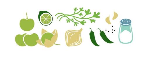 Fresh raw ingredients for salsa verde or green salsa. Horizontal vector illustration isolated on white.