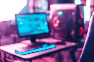 blurred background of set up of gamer live streaming concept. photo