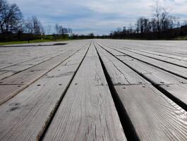 paseo marítimo por el jardín, de madera tablón, decoración, pasarela, camino o terraza, bajo ángulo ver imagen de patio cubierta con borroso verde fondo, Copiar espacio foto