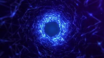 volante nel un' movimento digitale low-poly wormhole, tunnel consistente blu scintillante particella e Linee. modo attraverso il digitale astratto Rete bellissimo blu particelle. 4k 60fps fantascienza loop animazione. video